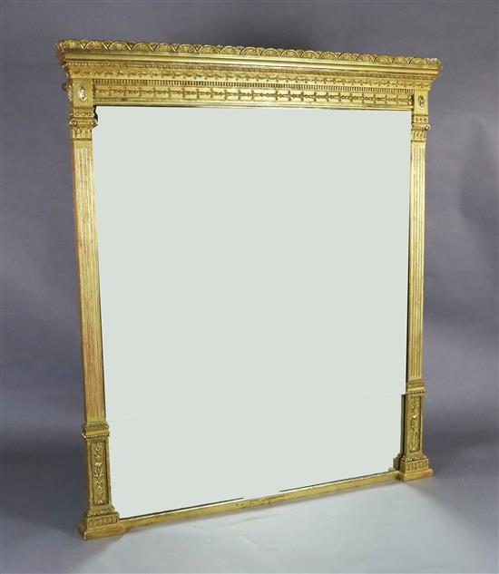 A late Victorian gilt gesso overmantel mirror, W.4ft 8in. H.5ft 3in.